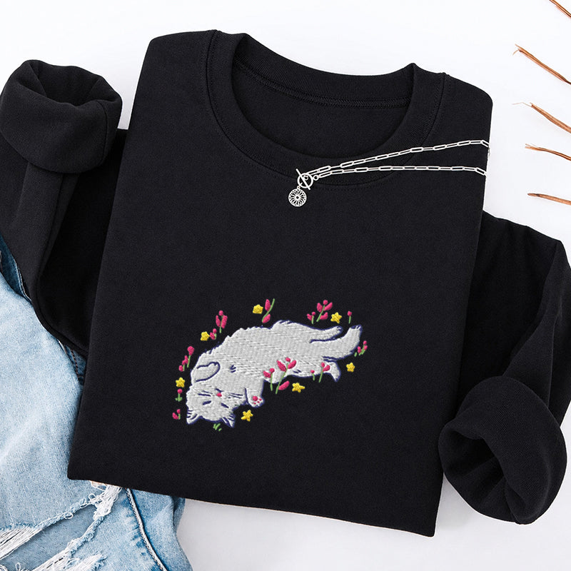 Embroidered Floral Playing Cat Classic Crewneck Sweatshirt
