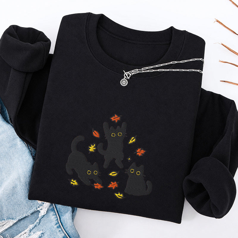 Embroidered Black Cats Fall Leaves Classic Crewneck Sweatshirt