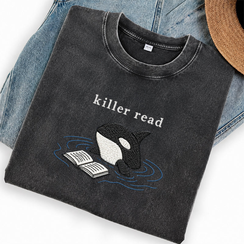 Embroidered Killer Read Orca Washed Crew Neck T-Shirt