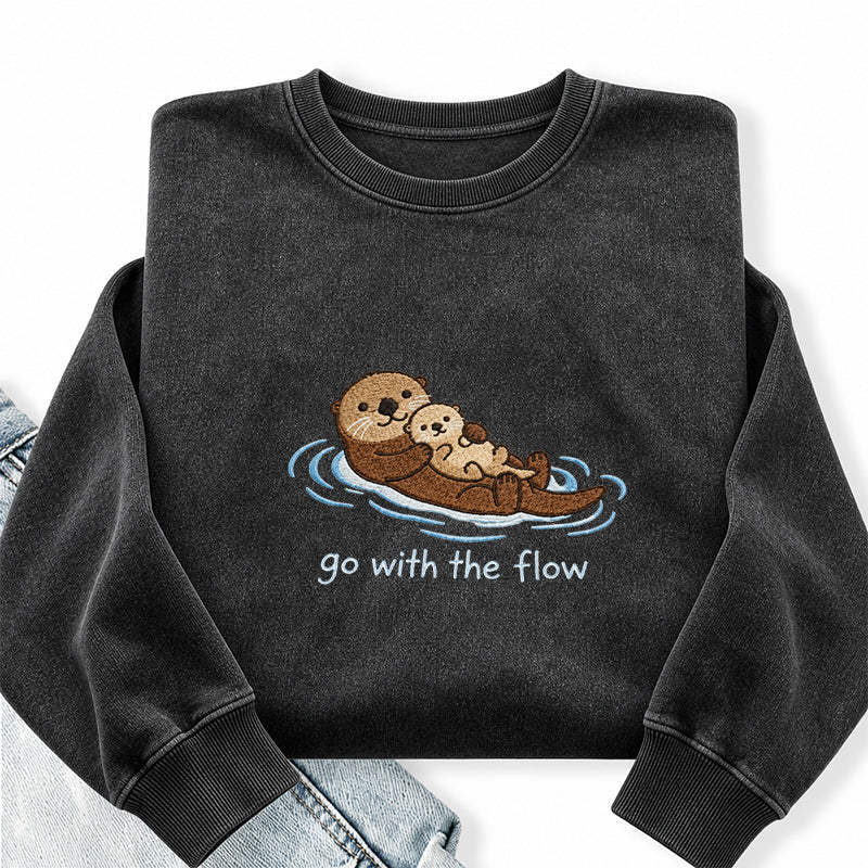 Embroidered Go With The Flow Otter Washed Crewneck Sweatshirt