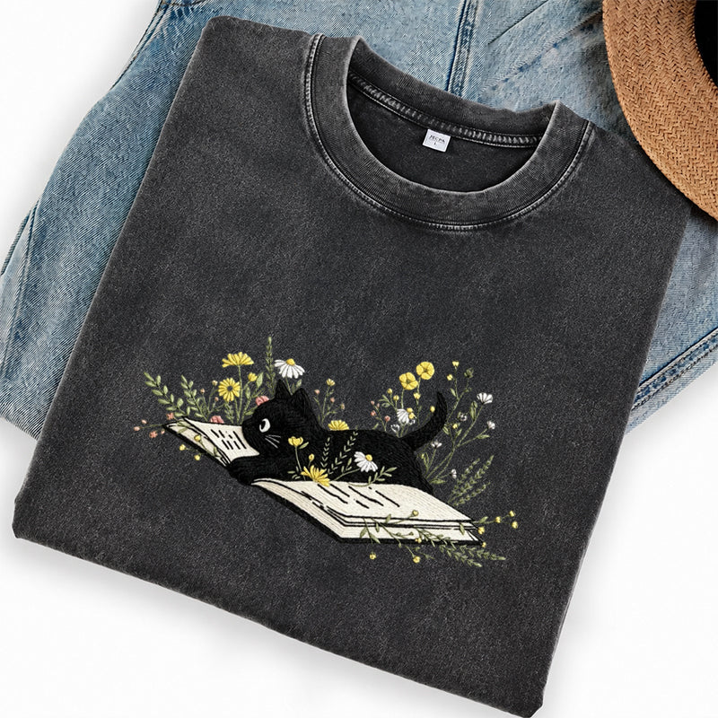 Embroidered Floral Book Cat Washed Crew Neck T-Shirt