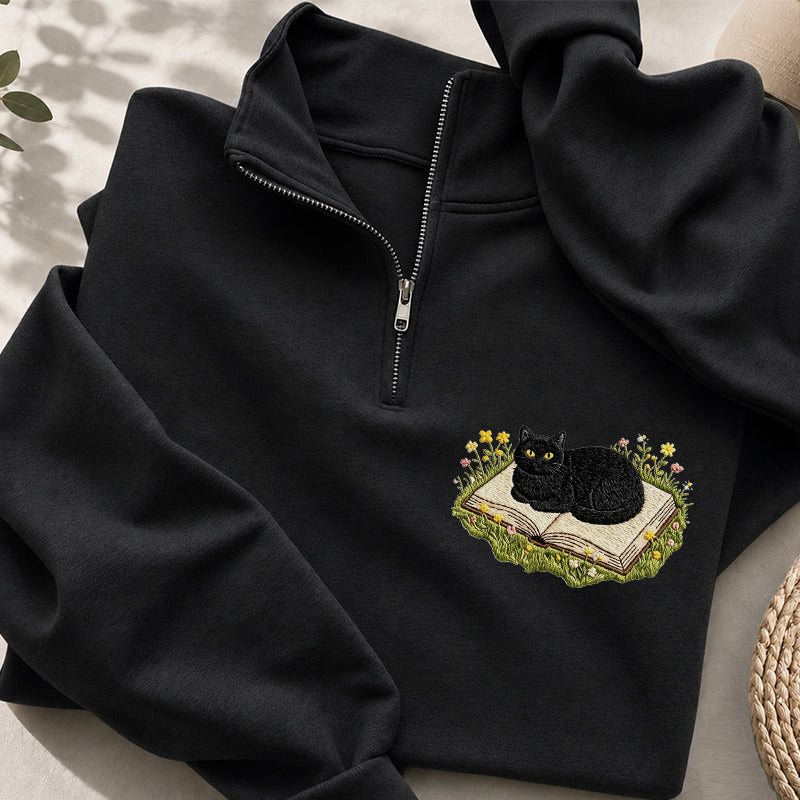 Embroidered Black Cat Book Classic Quarter Zip Sweatshirt