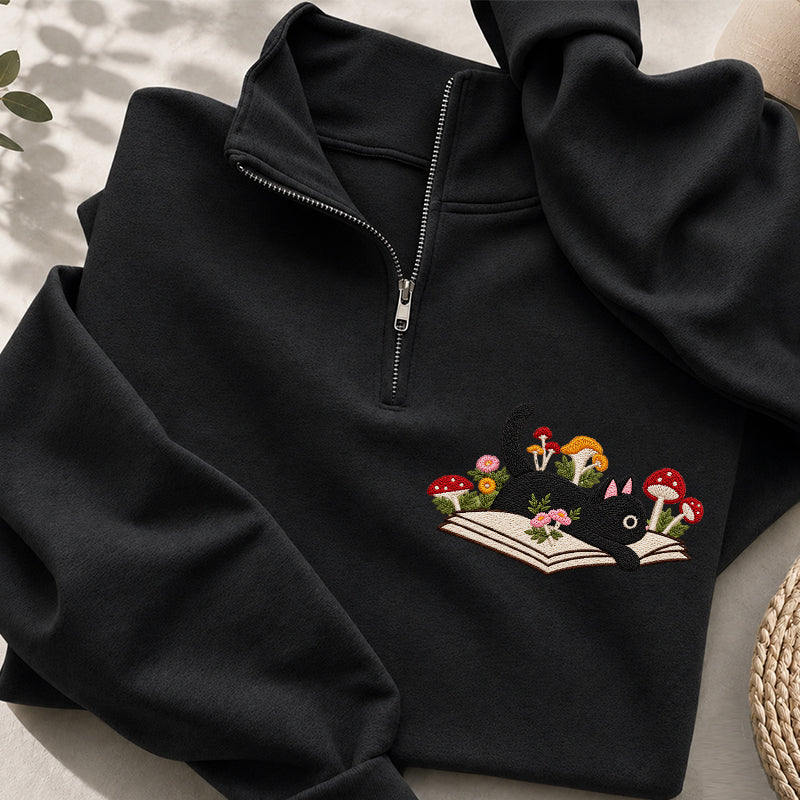 Embroidered Black Cat Mushroom Book Classic Quarter Zip Sweatshirt