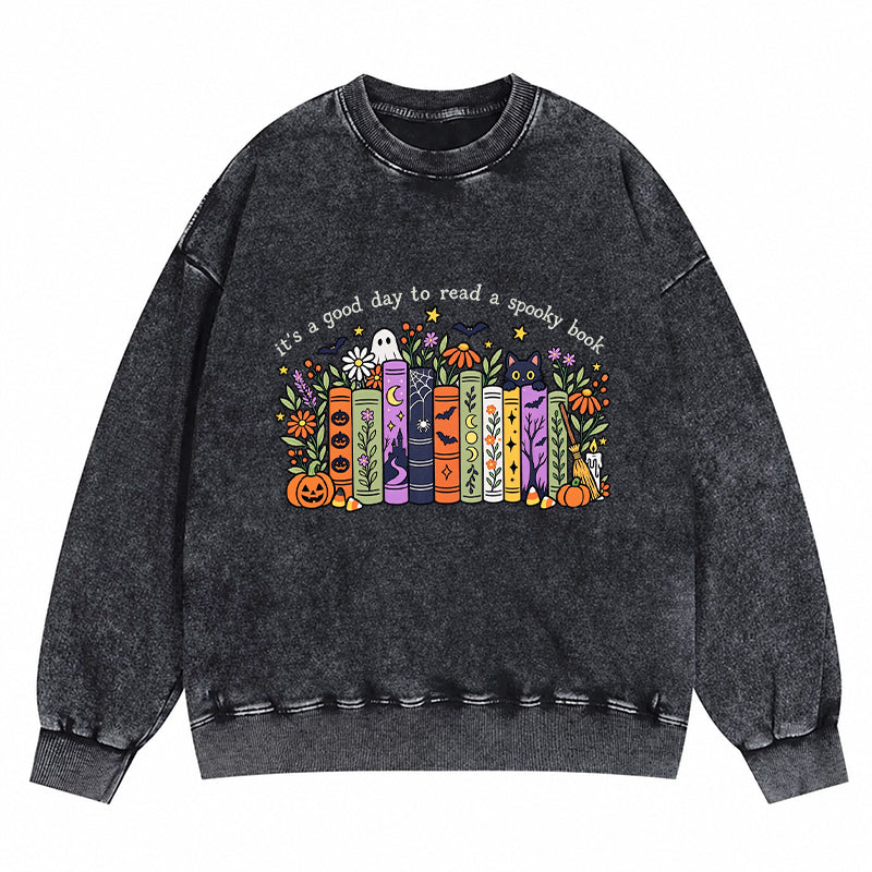 It's a Good Day to Read a Spooky Book Washed Crewneck Sweatshirt