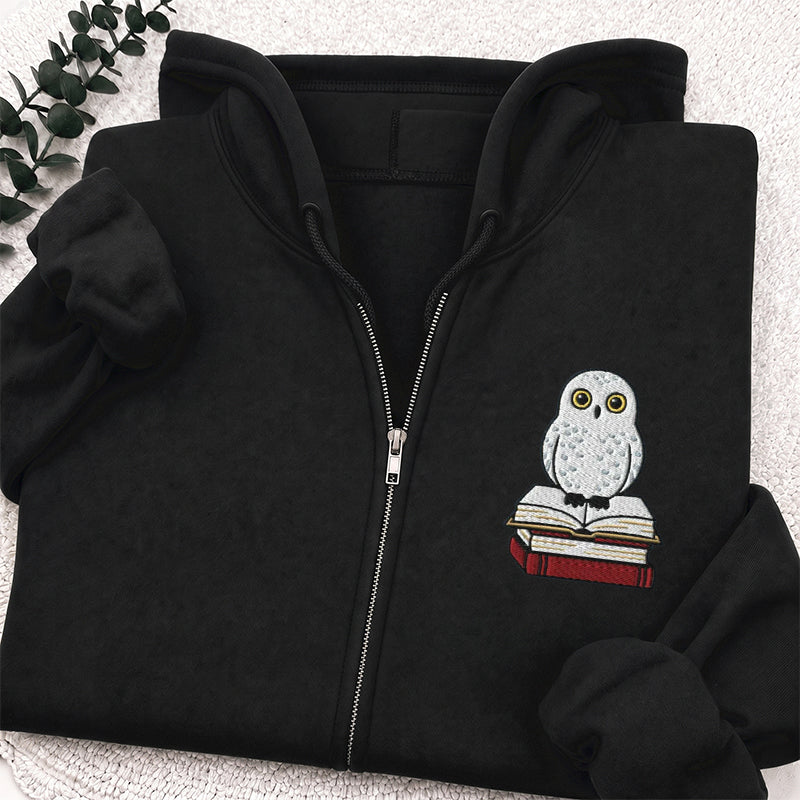 Embroidered Snow Owl On Bookstack Classic Full Zip Hoodie