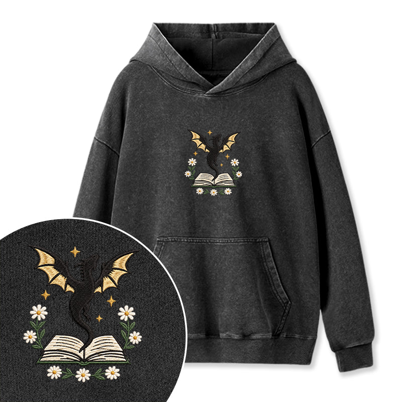 Embroidered Dragon Floral Book Washed Hoodie
