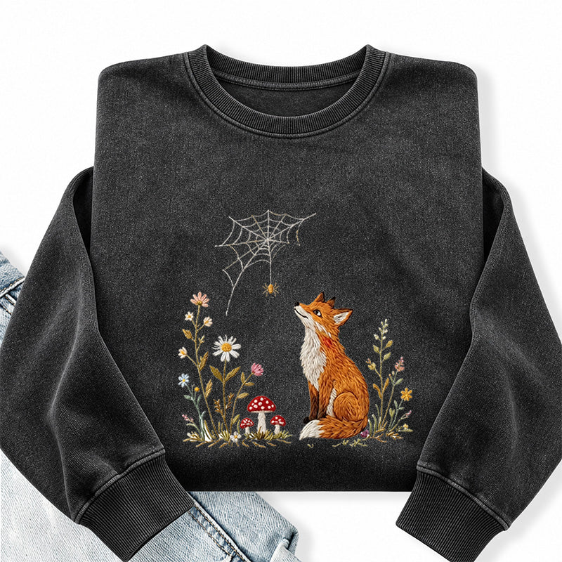 Embroidered Fox Cottagecore Washed Crewneck Sweatshirt