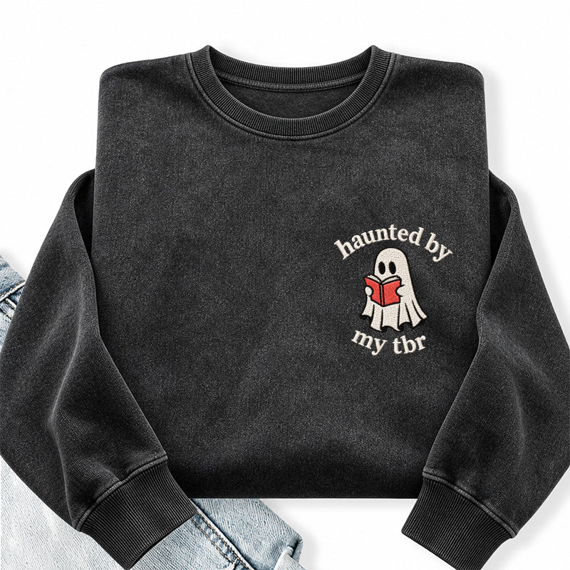 Embroidered Haunted By My TBR Washed Crewneck Sweatshirt