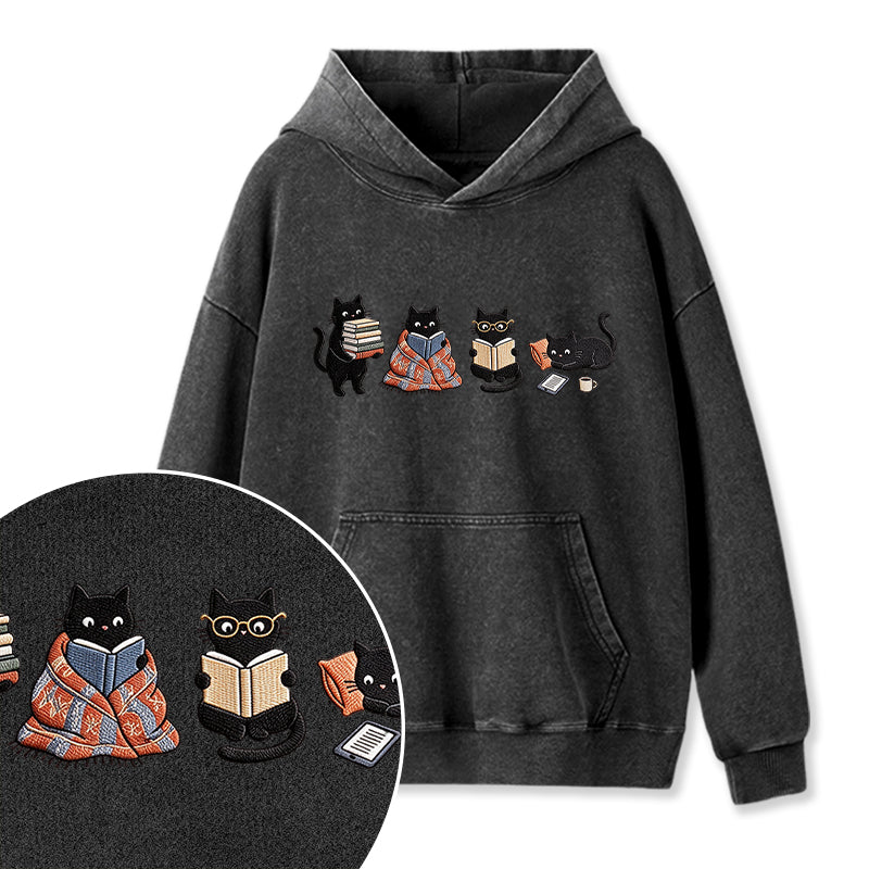 Embroidered Bookish Black Cats Washed Hoodie