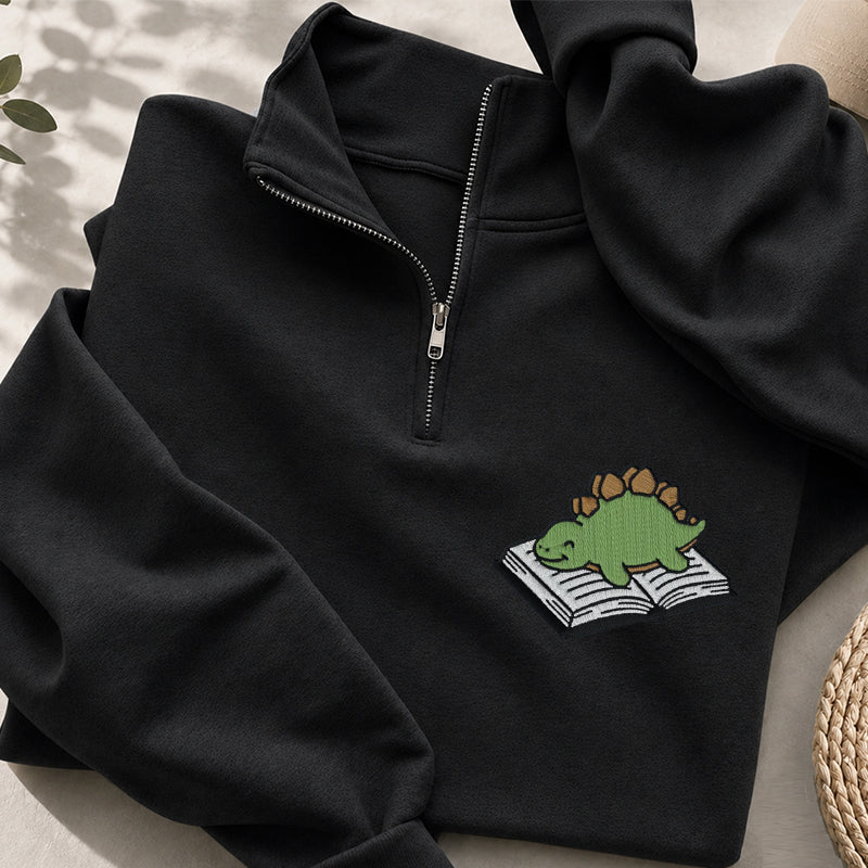 Embroidered Dinosaur Reading Books Classic Quarter Zip Sweatshirt