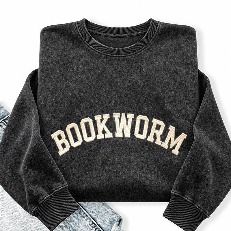 Embroidered Bookworm Washed Crewneck Sweatshirt