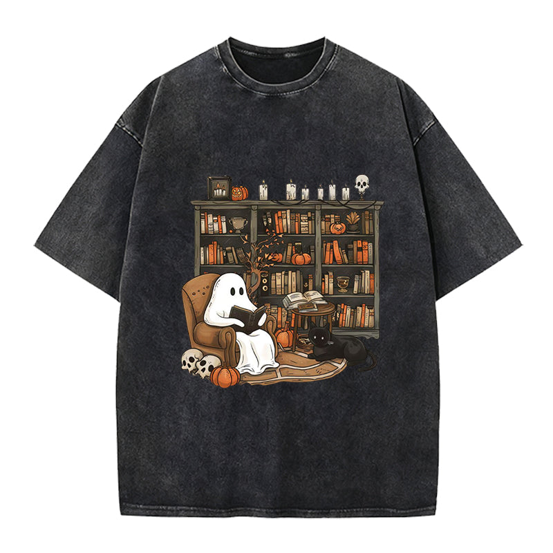 Retro Ghost Reading Washed Crew Neck T-Shirt