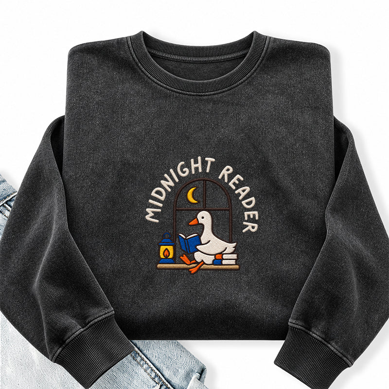 Embroidered Midnight Reader Goose Washed Crewneck Sweatshirt