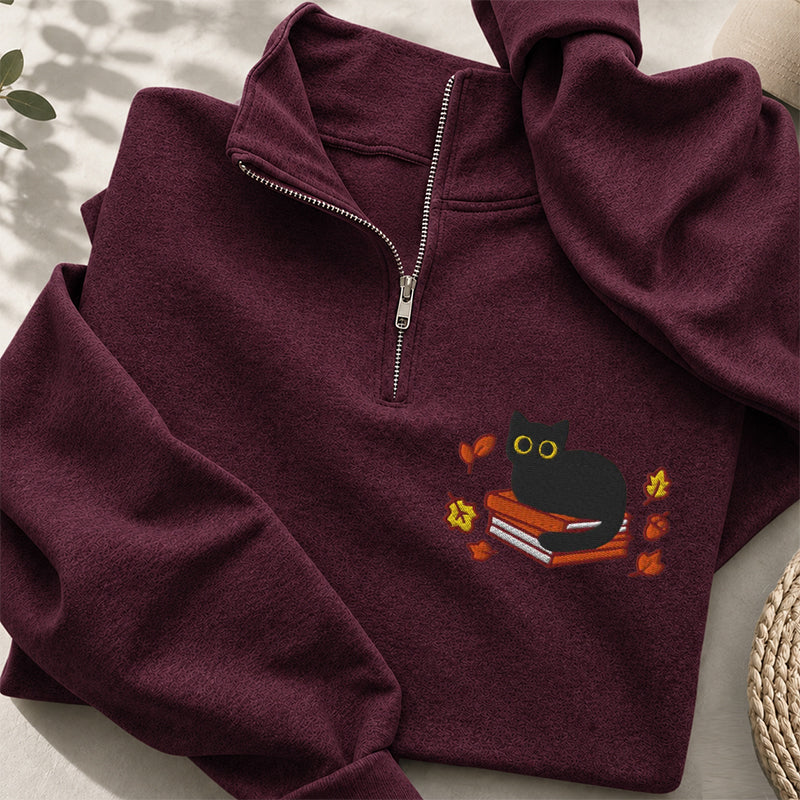 Embroidered Autumn Black Cat Book Classic Quarter Zip Sweatshirt