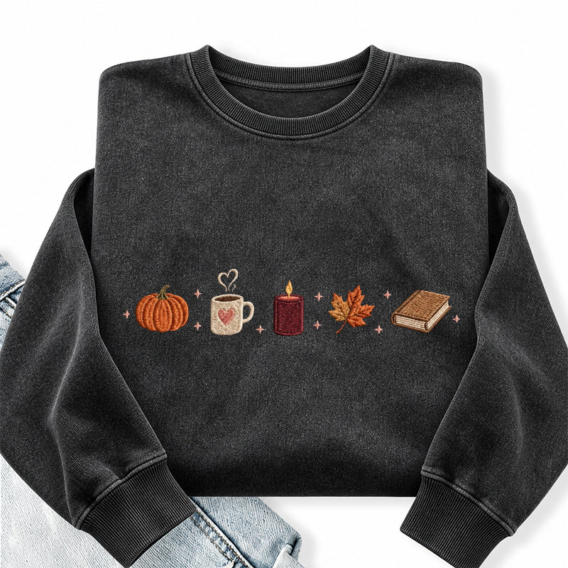 Embroidered Autumn Icons Washed Crewneck Sweatshirt