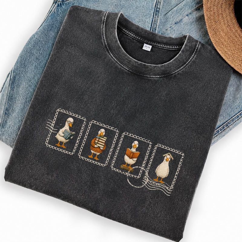 Embroidered Silly Goose Reading Washed Crew Neck T-Shirt