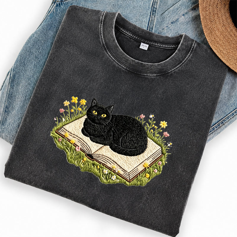 Embroidered Black Cat Book Washed Crew Neck T-Shirt