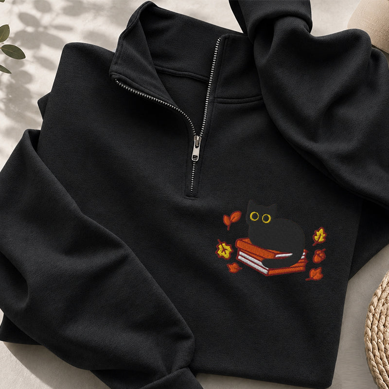 Embroidered Autumn Black Cat Book Classic Quarter Zip Sweatshirt