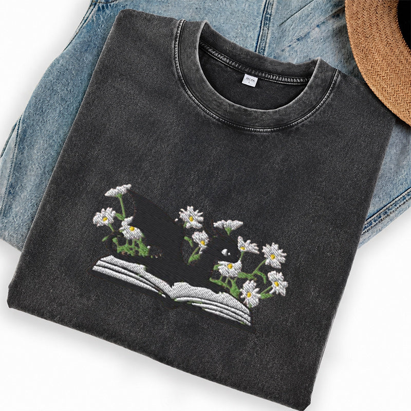 Embroidered Floral Dragon Book Washed Crew Neck T-Shirt
