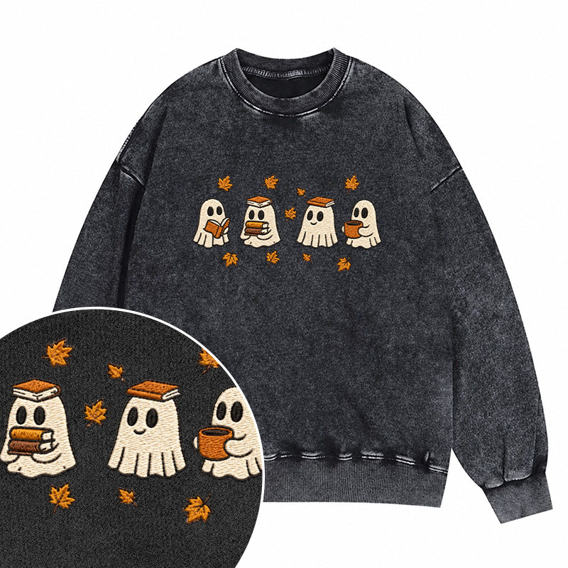 Embroidered Autumn Bookish Ghost Washed Crewneck Sweatshirt