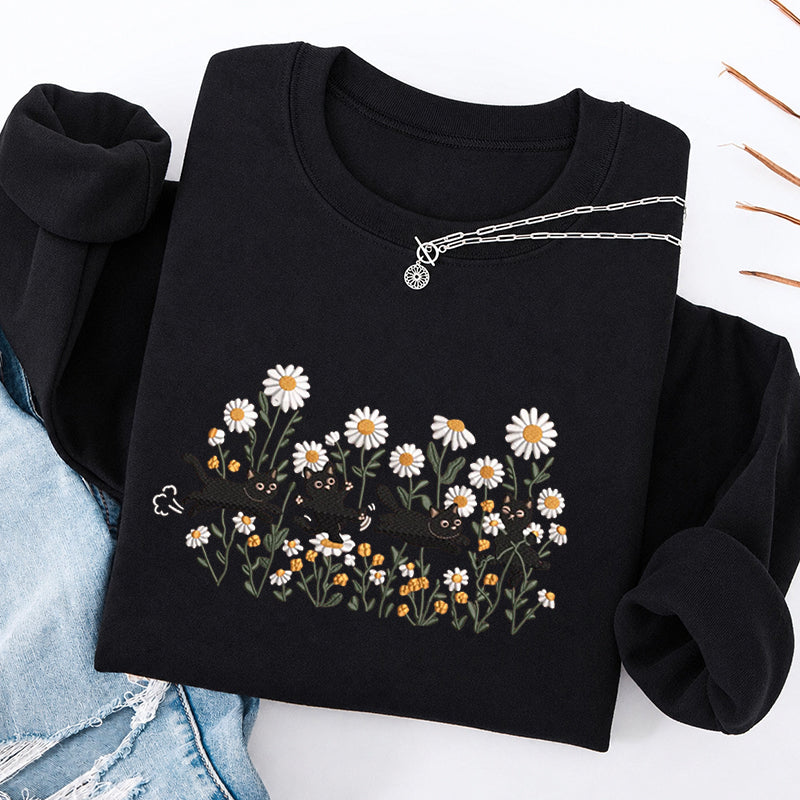 Embroidered Garden Playing Cats Daisy Classic Crewneck Sweatshirt