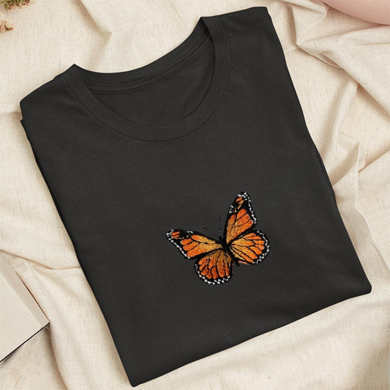 Embroidered Monarch Butterfly Classic Adult Unisex Crew Neck T-Shirt