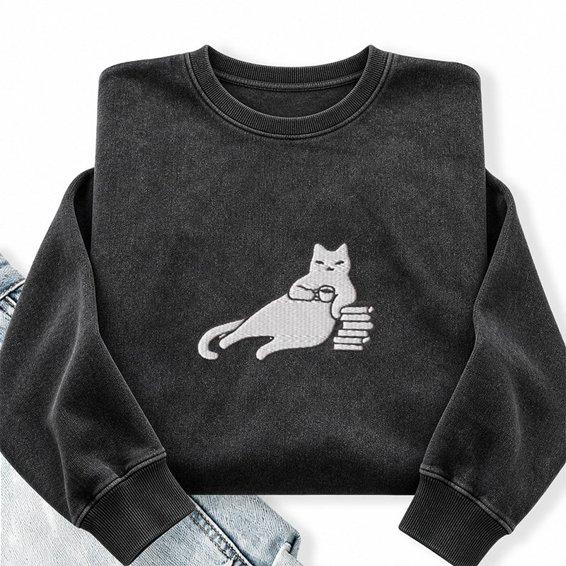 Embroidered Bookish Cat Drinking Coffee Washed Crewneck Sweatshirt