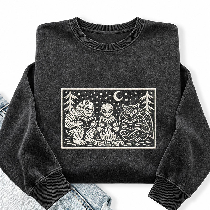 Embroidered Cryptid Book Club Washed Crewneck Sweatshirt