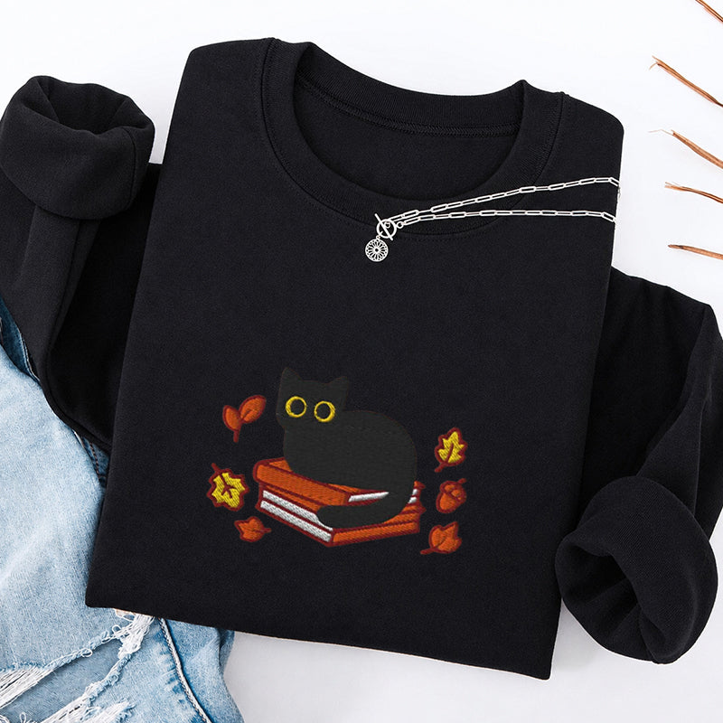 Embroidered Autumn Black Cat Book Classic Crewneck Sweatshirt