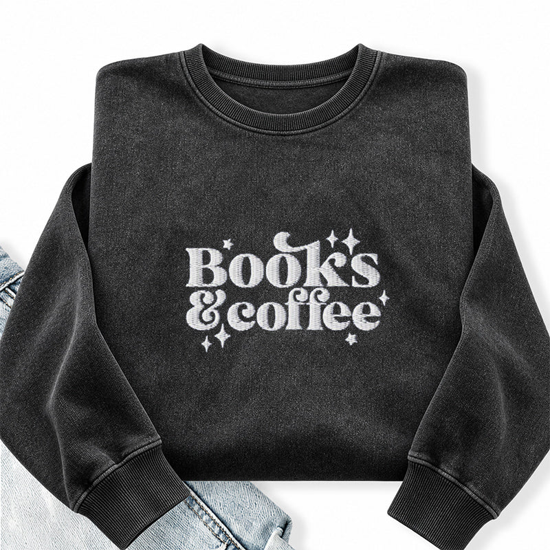 Embroidered Books & Coffee Washed Crewneck Sweatshirt