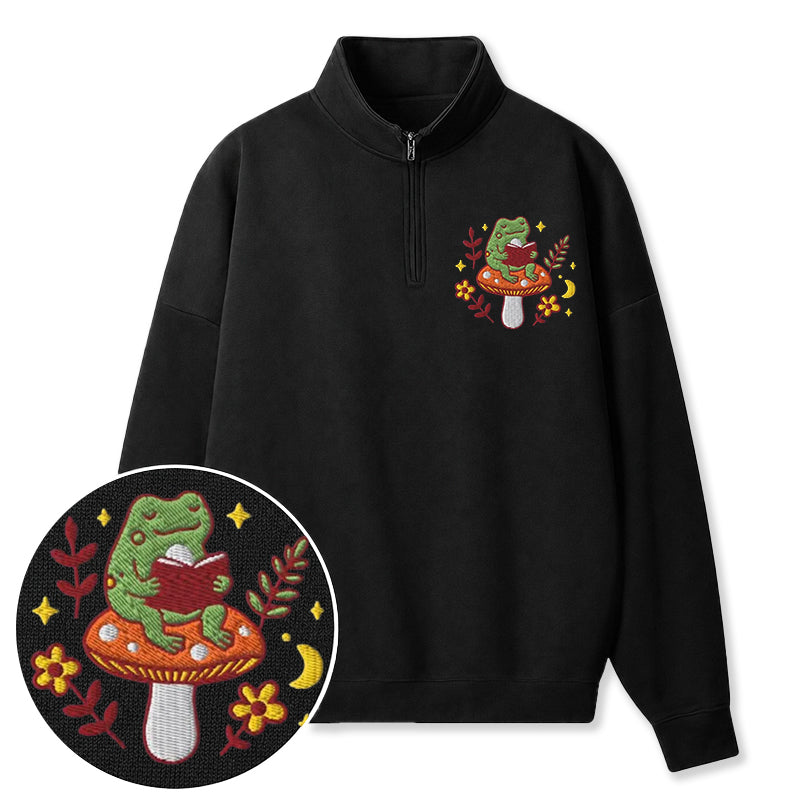 Embroidered Bookish Frog Classic Quarter Zip Sweatshirt