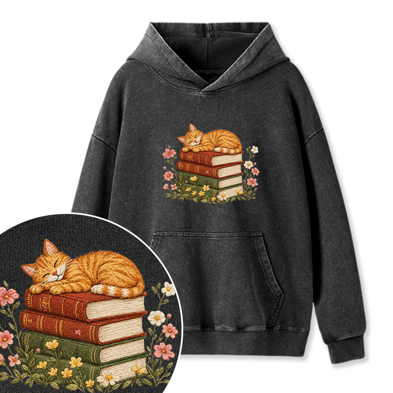 Embroidered Cat Sleeping On Books Washed Hoodie