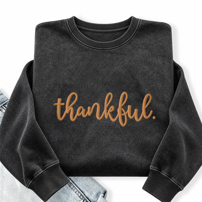 Embroidered Thankful Thanksgiving Washed Crewneck Sweatshirt