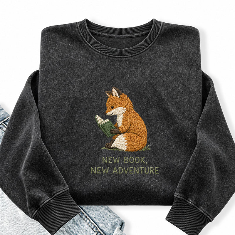 Embroidered New Book New Adventure Washed Crewneck Sweatshirt