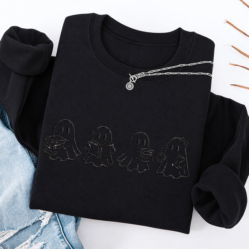 Embroidered Ghost Reading Books Classic Crewneck Sweatshirt