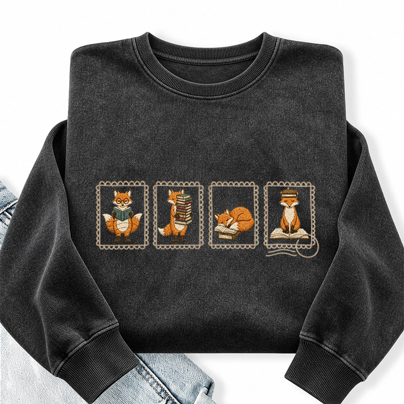 Embroidered Bookish Fox Washed Crewneck Sweatshirt
