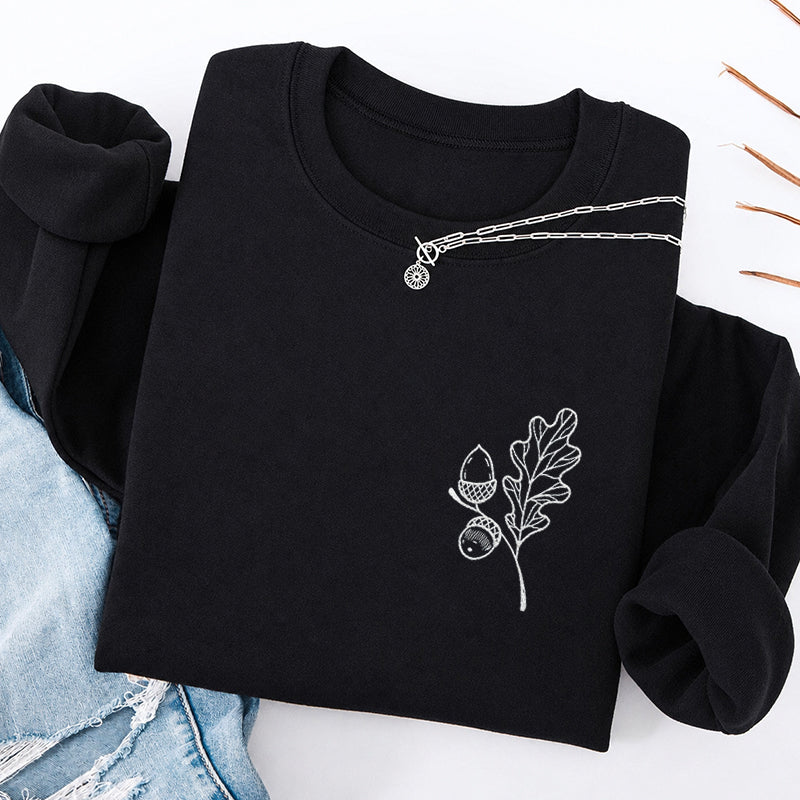 Embroidered Acorns And Leaves Classic Crewneck Sweatshirt