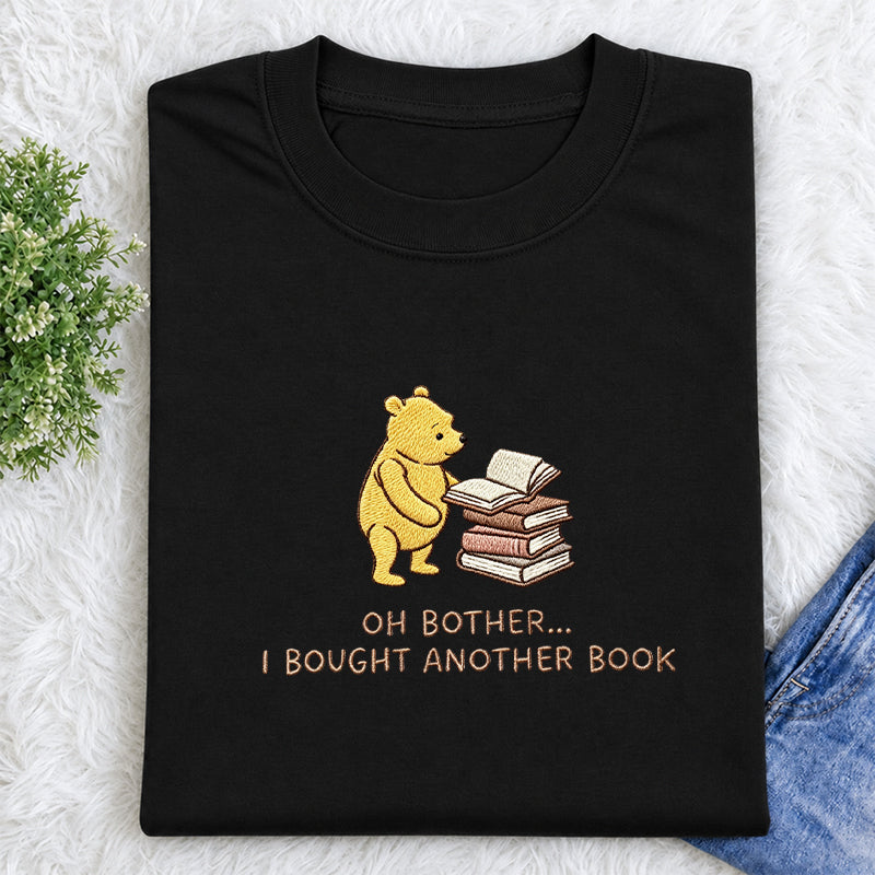 Embroidered Funny Bear Reading Books Classic Crew Neck T-Shirt