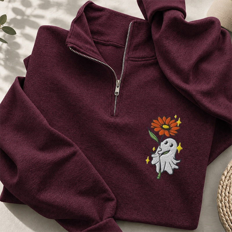 Embroidered Ghost Holding A Flower Classic Quarter Zip Sweatshirt