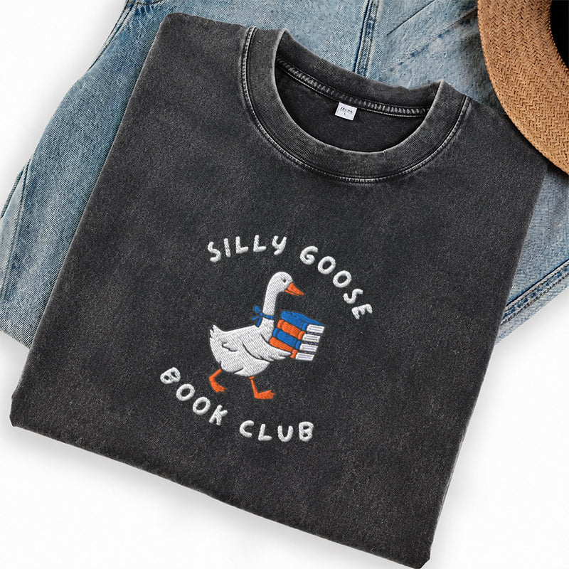 Embroidered Silly Goose Book Club Washed Crew Neck T-Shirt