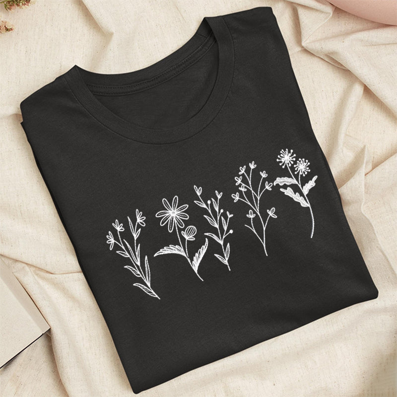 Embroidered Flower Lines Classic Adult Unisex Crew Neck T-Shirt