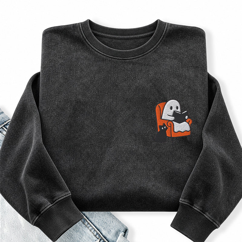 Embroidered Ghost Reading On Sofa Washed Crewneck Sweatshirt