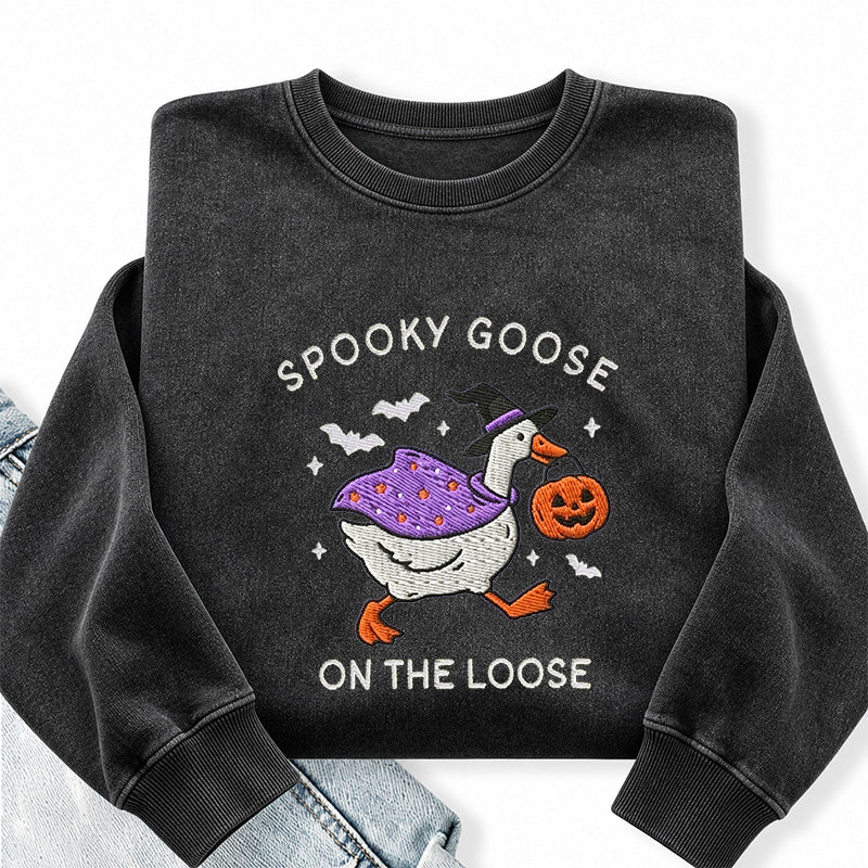 Embroidered Spooky Goose Washed Crewneck Sweatshirt