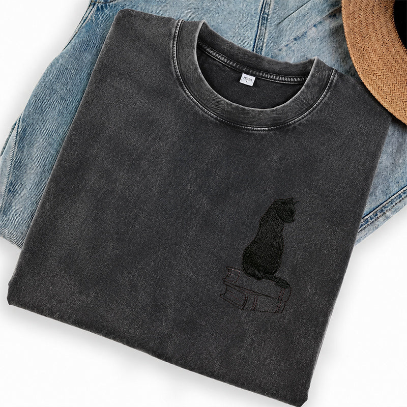 Embroidered Black Cat On Books Washed Crew Neck T-Shirt