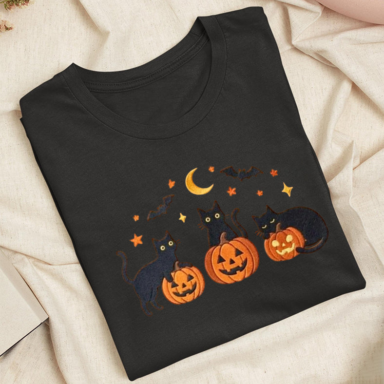 Embroidered Black Cats Pumpkins Classic Adult Unisex Crew Neck T-Shirt