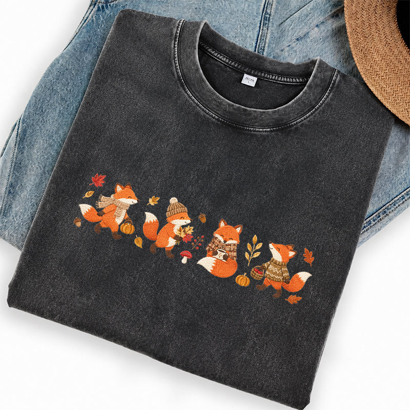 Embroidered Fall Fox Washed Crew Neck T-Shirt