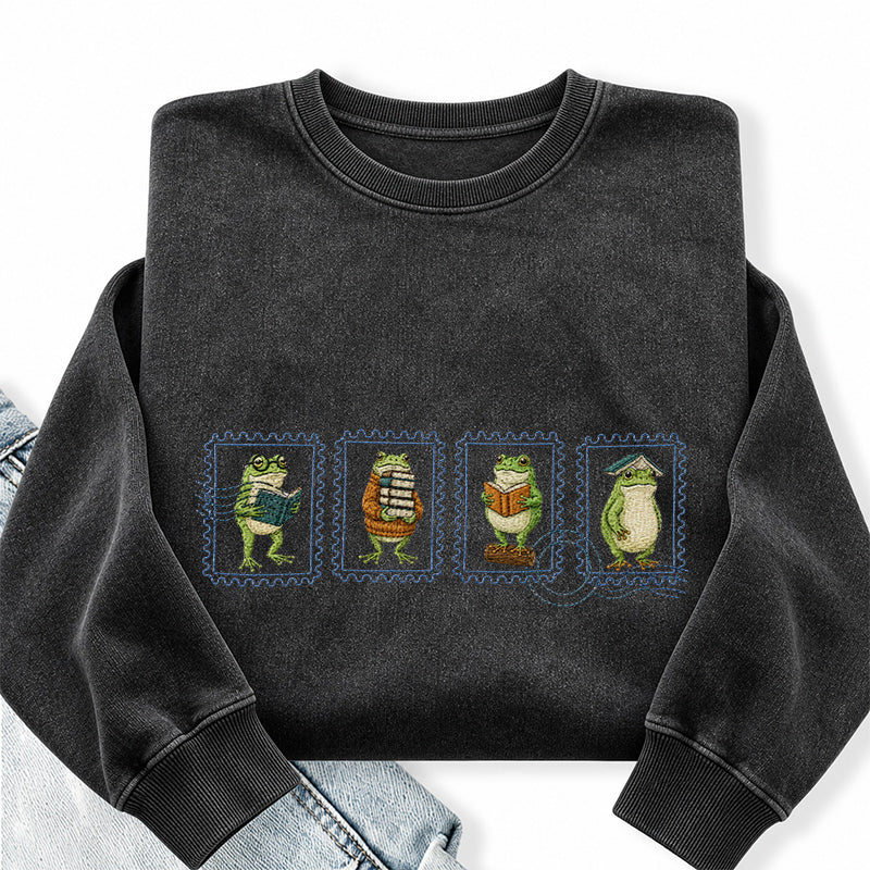 Embroidered Bookish Frog Stamp Washed Crewneck Sweatshirt