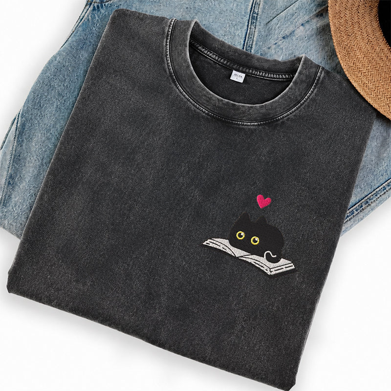 Embroidered Black Cat And Book Washed Crew Neck T-Shirt