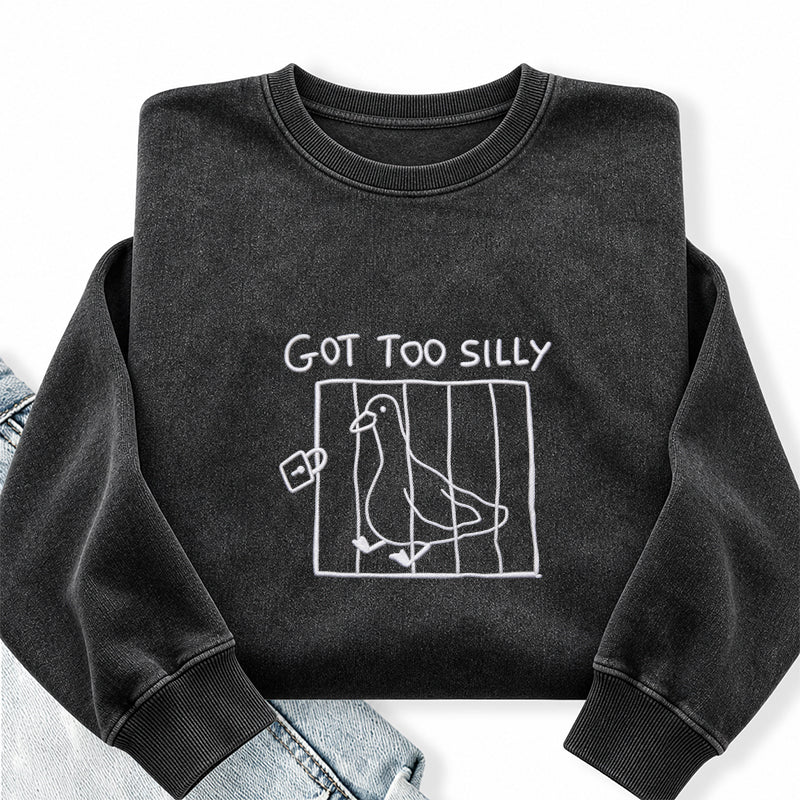 Embroidered Goose Got Too Silly Washed Crewneck Sweatshirt