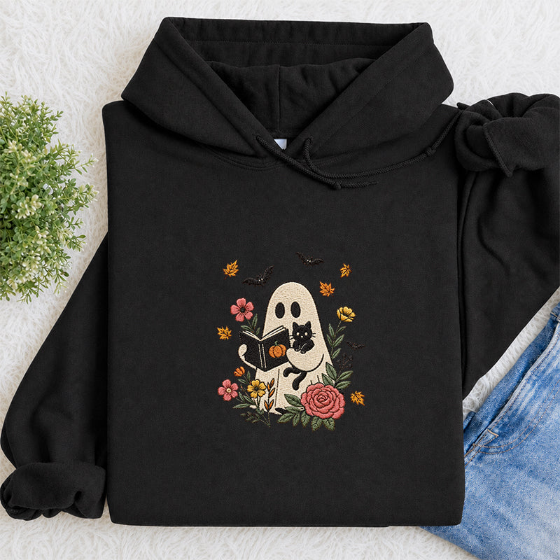 Embroidered Floral Ghost Reading Classic Adult Unisex Hoodie